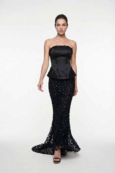 Lafaba Women's Black Slim Fit Strapless Collar Sequined Long Evening Dress