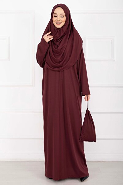 EBRUTESETTÜR Hijab Prayer Dress with Carrying Bag, Burgundy