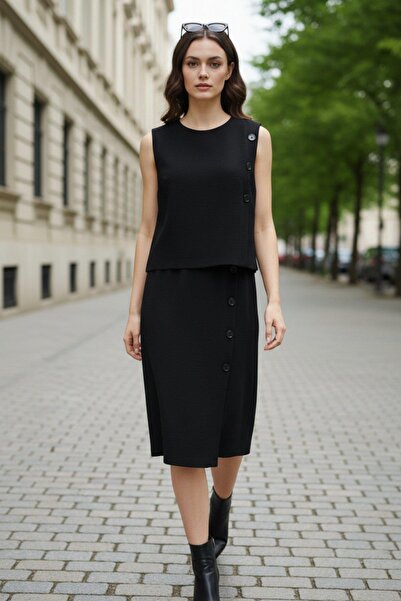 Mossta Side Buttoned Sleeveless Aerobin Blouse Skirt Double Set - Black