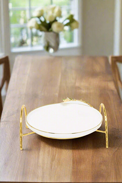 REDTAG طبق أبيض دائري مع حامل معدني ذهبي