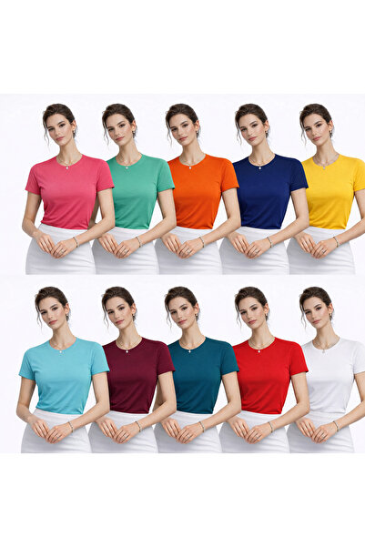 MissFlex Fit Advantageous 10-Piece Set Women's 0-Neck T-Shirt Plain Short Sle...
