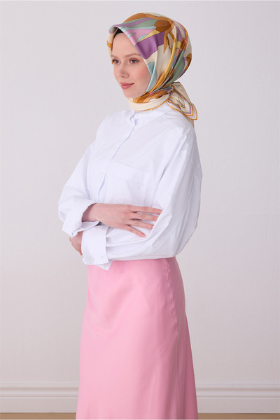 Belli Ekru Çok Renkli Çiçek Desen %100 Twill İpek Eşarp 4303-83