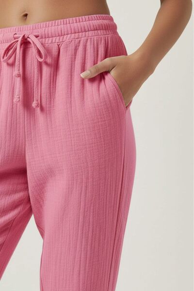 madam trend Pink 100% Cotton Muslin Fabric Trousers - Elastic Waist, Narrow L...