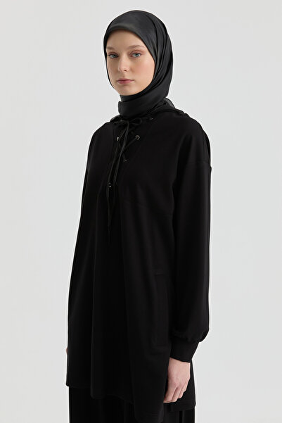 Tuğba Deri Kombinli Örme Sweat - Siyah