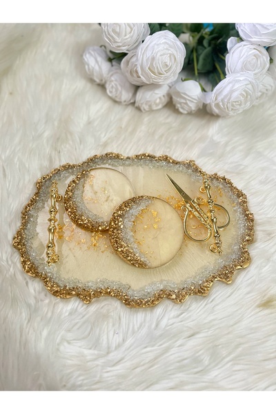 RESİNARTSHOP Epoksi Tepsi Sedefli Krem+Gold Nişan Tepsi Seti
