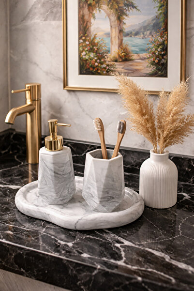 lufen deco طقم حمام من 4 قطع من الخرسانة ذات النمط الرخامي، موزع صابون سائل، ...