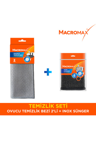 MACROMAX Set de curățare cu lavetă abrazivă și burete inox