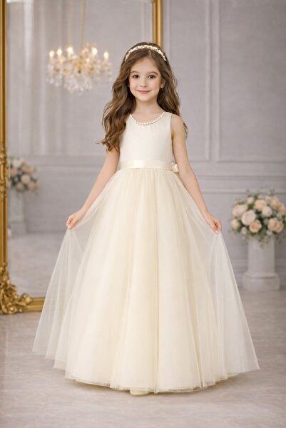 SUNEH Κοριτσίστικο φόρεμα με πέρλες και λεπτομέρειες σε εκρού χρώμα, για πάρτ...