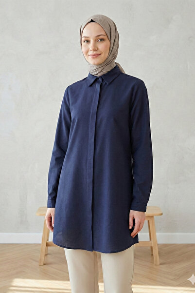 Kirazgym Women's Hidden Button Oval Cut Long Boyfriend Shirt - Navy Blue