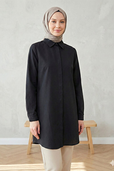 Kirazgym Women's Hidden Button Oval Cut Long Boyfriend Shirt - Black