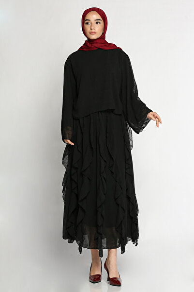 azragül giyim Lined Ruffle Detailed Chiffon Skirt Blouse Double Set