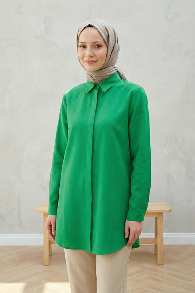 Kirazgym Women's Hidden Button Oval Cut Long Boyfriend Shirt - Green