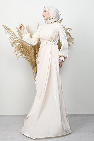 GİYZAMİLA Waist Stone Embellished Evening Dress Cream