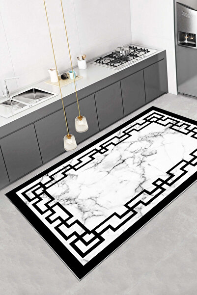 Halise Home Beyaz Çerçeveli Siyah Mermer Desen Kaymaz Tabanlı Yıkanabilir Bas...