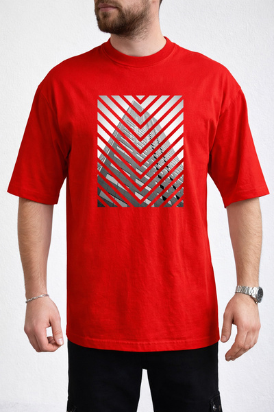 caddekombin Ανδρικό μπλουζάκι σε σχήμα V με ρίγες και στάμπα με εικόνα κτιρίο...