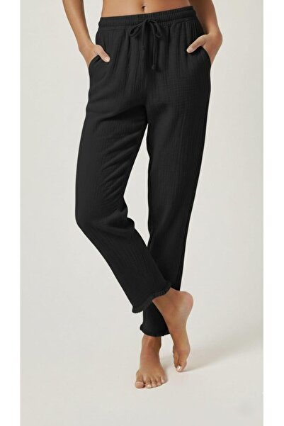 madam trend Black 100% Cotton Muslin Fabric Pants - Elastic Waist, Narrow Leg...