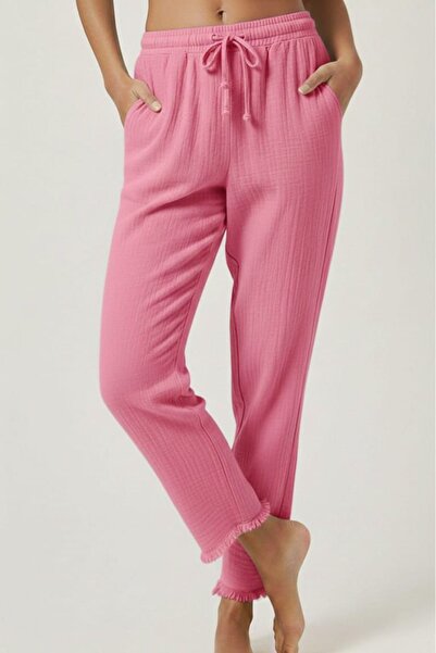 madam trend Pink 100% Cotton Muslin Fabric Ankle-Length Pants - Elastic Waist...