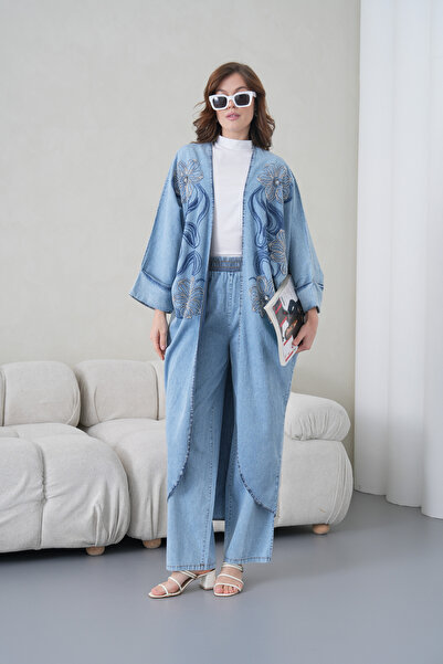 Miss Allos Women's Front Embroidered Beaded Denim Kimono Cardigan and Denim T...