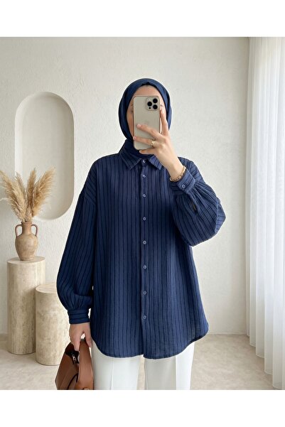 Modamorfo Long Backed Loose Muslin Shirt with Stitching - Navy