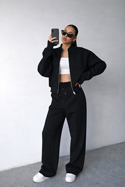 BayBayan Women's 3-Thread Striped Zippered Bomber Jacket Wide-Leg Sweatpants Set