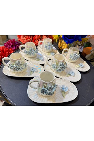 hediye Esterhomedecor 6-Person Coffee Cup Set with Embossed Flowers and Pearl...