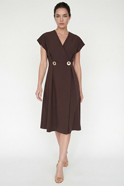 Lafaba Γυναικείο καφέ φόρεμα με διπλό γιακά και λεπτομέρεια στο λαιμό, μίντι ...