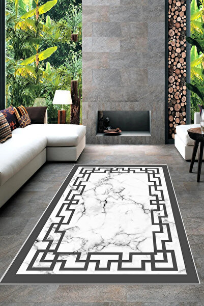 Halise Home Gri Çerçeveli Beyaz Mermer Desen Kaymaz Tabanlı Yıkanabilir Baskı...