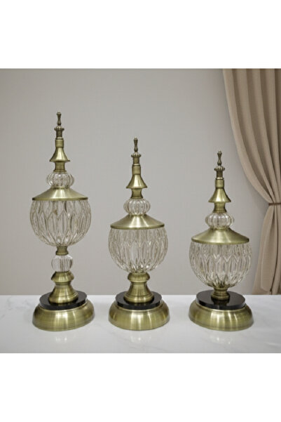 Furkan DEKORATİF BRONZ 3 LÜ KAPAKLI CAM ŞEKERLİK ÜÇLÜ OBJE SETİ