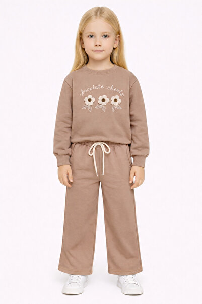 zepkids Crew Neck Daisy Embroidered Light Brown Girls' Tracksuit Set