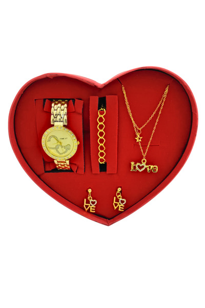 TEKMAKG Kalp Kutulu Kadın Saat Takı Seti 4 Parça | Taşlı Saat, Love Kolye Küp...