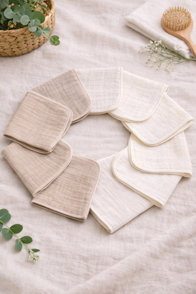 ZEYPBA 100% Cotton Baby Muslin Mouth Wipes - 8 Pcs - Ecru / Beige Mixed 100% ...