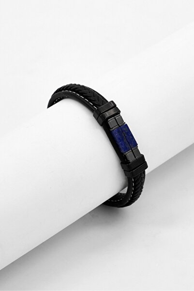 Steeltime Men Leather Bracelet with White Thread And Black IP Stainless Steel...