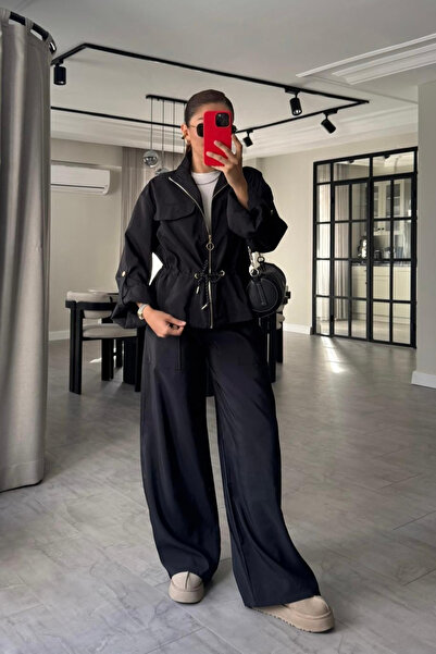 My Blog Black Belted Shiny Parachute Top and Bottom Set - 0650