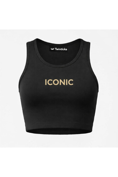 TWINTICKS Gold Printed Black Sports Bustier – Fitness & Yoga Crop Top