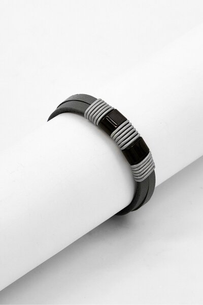 Steeltime Men Stainless Steel Accents Leather Bracelet, Grey