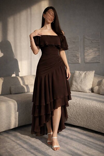 Bamah Elegant mocha chiffon midi dress for Eid