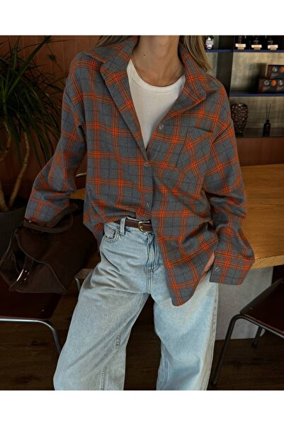 Elia Swimwear Camasa Dama Carouri Oversize Maneci Lungi Gri Cu Orange Luisa