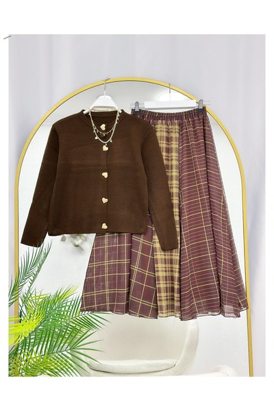 YEDİLALE Plaid Piecewise Flared Skirt Knitted Cardigan Dual Set [Only the Ski...
