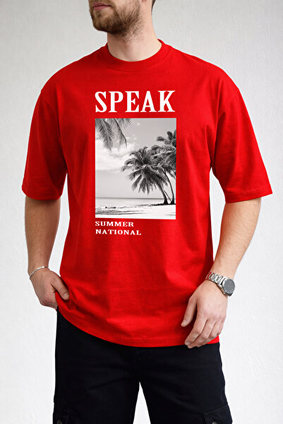 caddekombin Ανδρικό μοντέρνο καλοκαιρινό μπλουζάκι με στάμπα Speak και λαιμόκ...