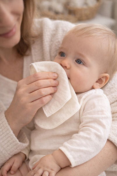 ZEYPBA %100 Pamuklu Bebek Müslin Ağız Mendili - 8 Li - Ekru %100 Pamuk