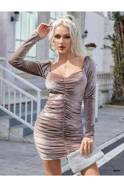 Modafeminen Long Sleeve Velvet Sweetheart Neckline Dress 582257 Mink