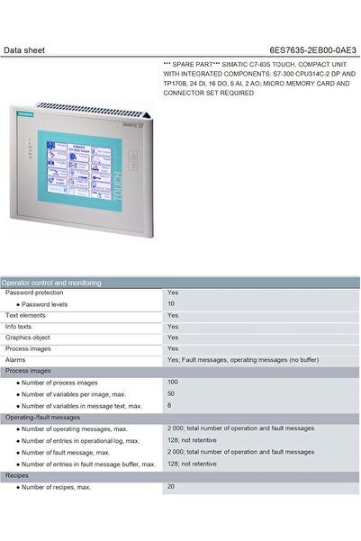 Siemens 6ES76352EB000AE3, SIMATIC C7-635 TOUCH, COMPACT UNIT WITH INTEGRATED ...