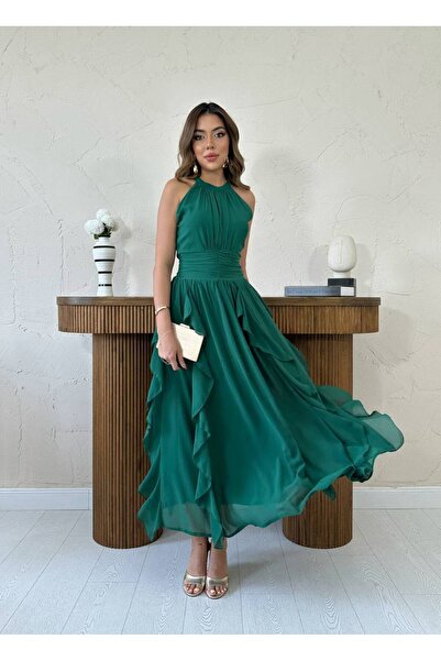 LOKADI Rochie lungă de damă cu volane și șnur în față