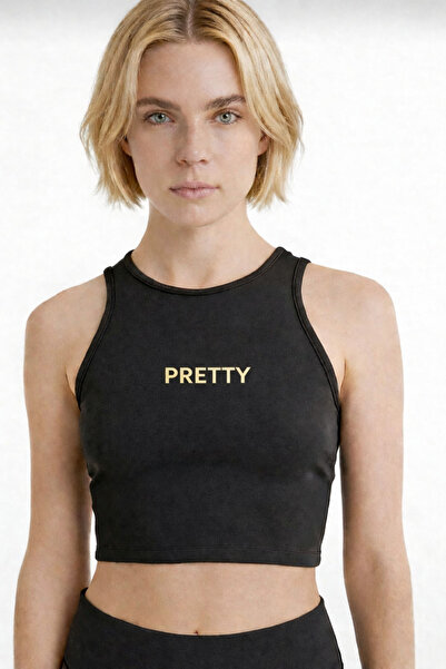 TWINTICKS Μαύρο αθλητικό μπούστο με χρυσό τύπωμα – Κοντό τοπ για Γυμναστική &...