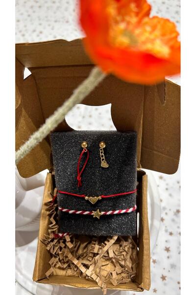 Nayra Işıltısı Kalp Detaylı Kırmızı Şans Bileklikleri ve Şans Küpe Seti - Mar...