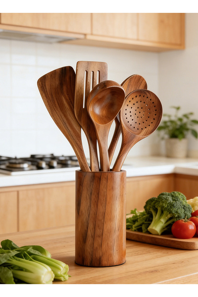 Pomefar 6PCS Wood Kitchenware Cooking Set, Household Spatula Spoon, Salad Spo...