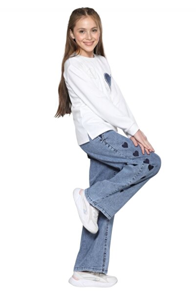 BEGONYA BEBECE KIDS Heart Pearl Jeans Double Girls' Set Swet Pants