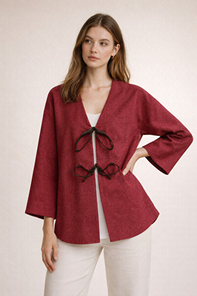 Kirazgym Lace-Up Front Oval Cut Cashmere Kimono - Burgundy