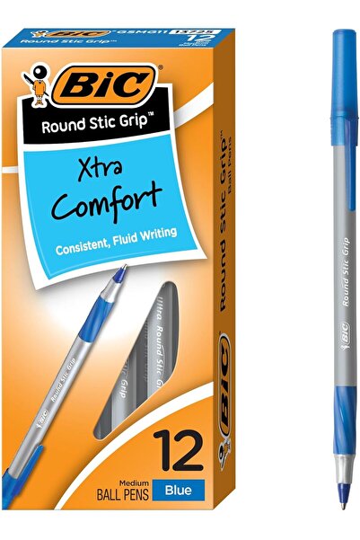 Bic أقلام حبر جاف دائرية من نوع ستيك جريب إكسترا كومفورت باللون الأزرق، رأس م...