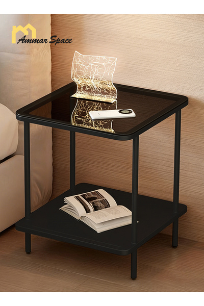 Ammar Space Square 2-Tier Side Table Black Frame & Grey Glass Top Modern Livi...